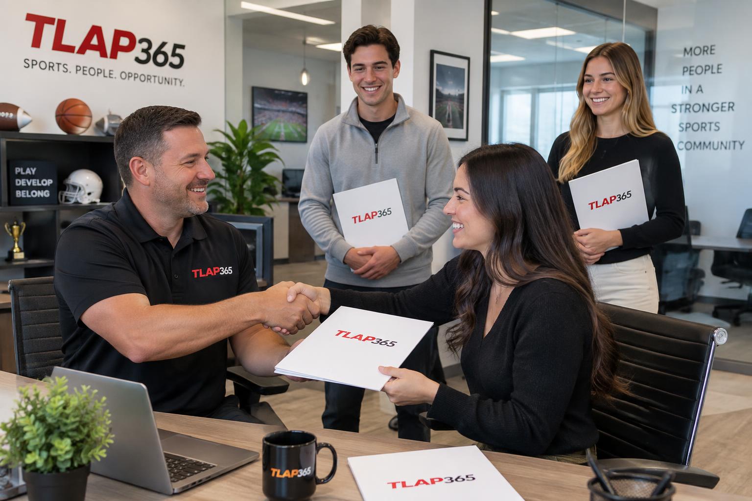 TLAP365 manager shaking hands with a new hire and handing out TLAP365 paperwork in the office